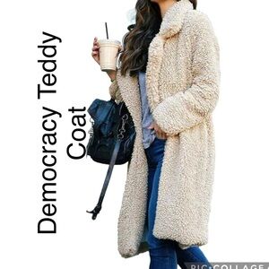 (N5) Democracy‎ Teddy Coat Women's Ivory Sherpa Oversized Open Front Size L